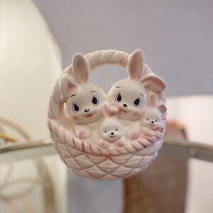 Adorable Vintage Kitsch Ceramic Pink Bunny Family of 4 Piggy Bank with Stopper